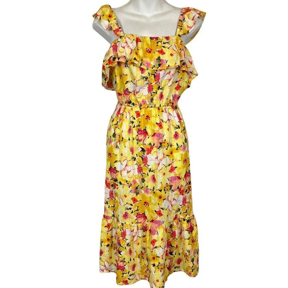 LC Lauren Conrad Womens Yellow Pink Blouson Midi Linen Blend Floral Dress sz M